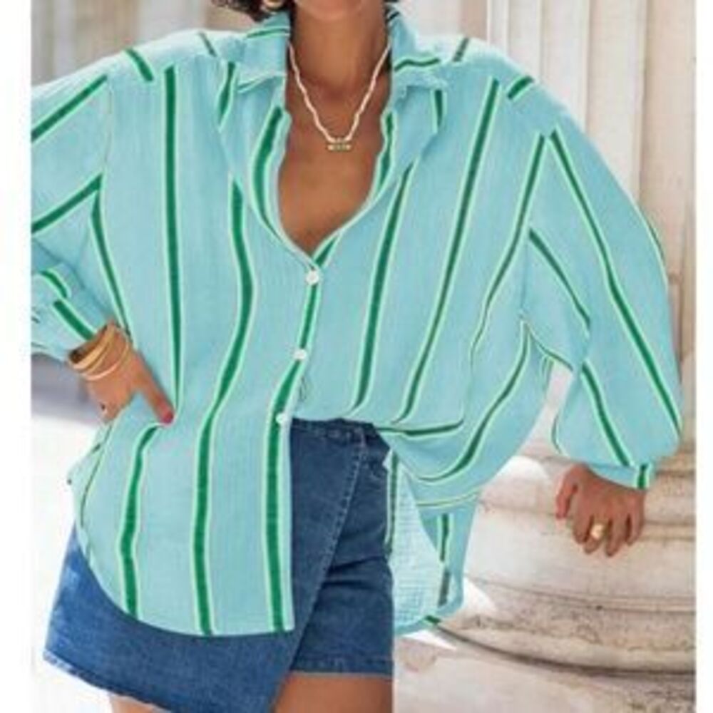 Button-Down Striped Relaxed Shirt - Mint Green
